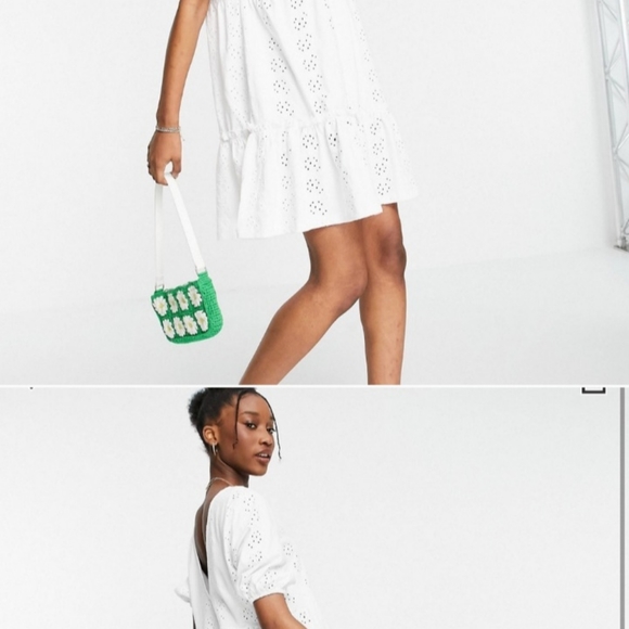 ASOS Design broderie white eyelet v neck smock dress - Picture 7 of 7